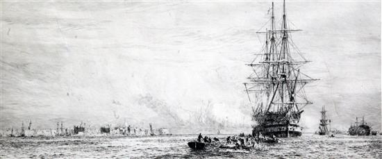 William Lionel Wyllie (1851-1931) Shipping off Portsmouth & Fishing boats putting out to sea 8.5 x19in. unframed